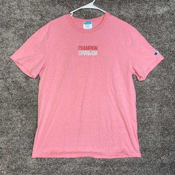 Champion Mens T-Shirt Pink Retro Embroidered Spell Out Size Medium - Picture 1 of 7